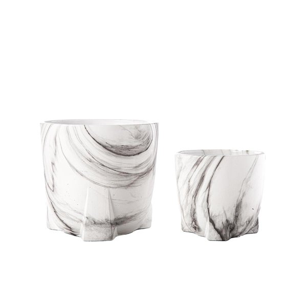 Urban Trends Collection Cement Round Pot with Seamless Wave Overlay Design Body on Tristand White Set of 2 19300